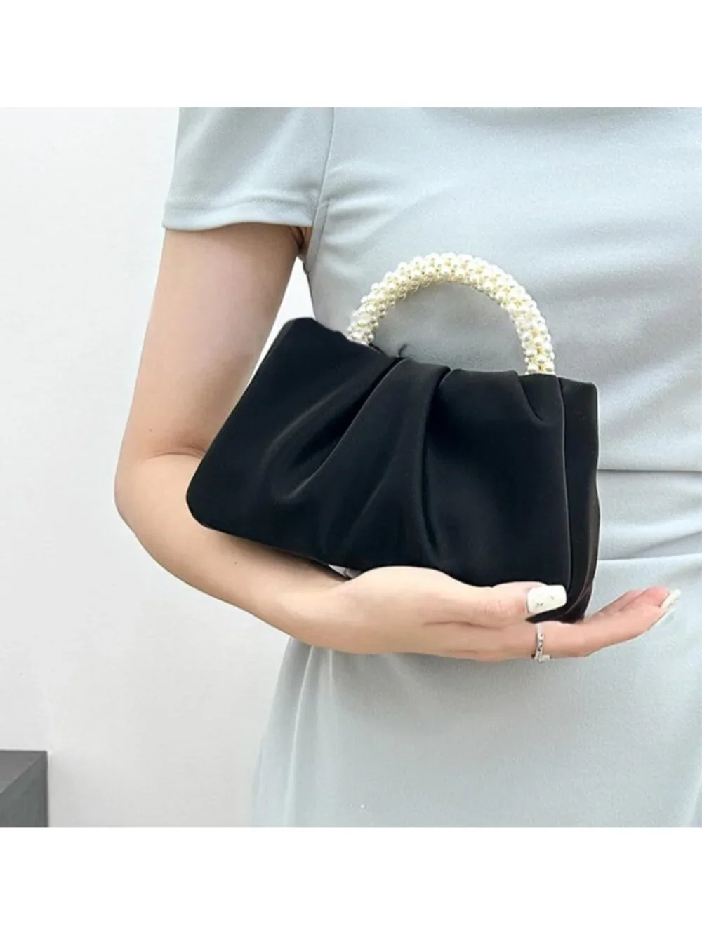 👜Women's Black Leather Wedding Party Pearl Elegant Clutch Purse Magnetic Snap